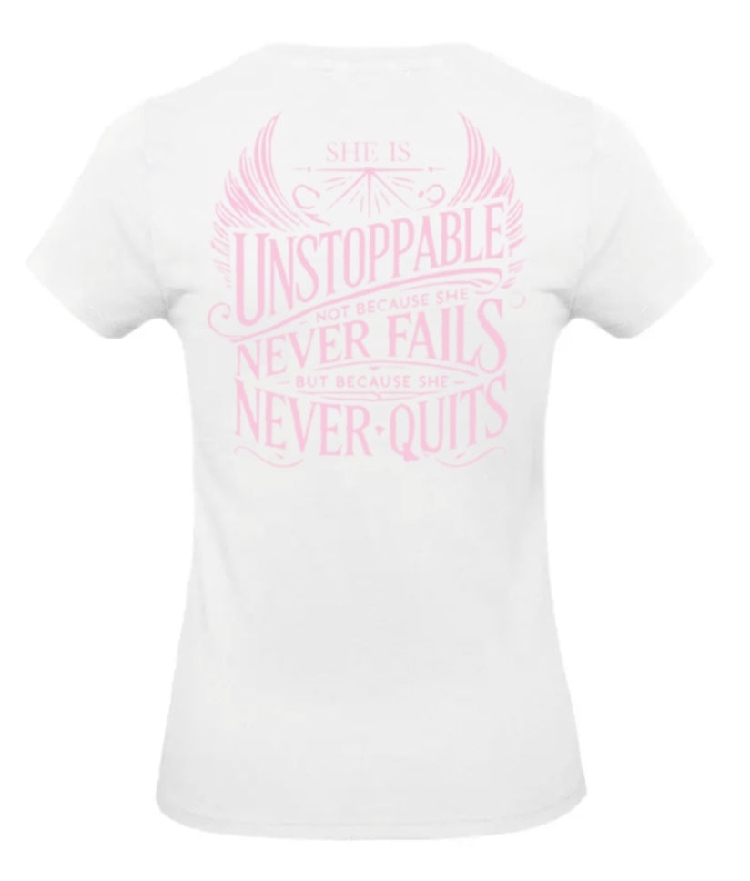 She Is Unstoppable Dames T-Shirt - Power Edition (Roségouden & Roze logo's)