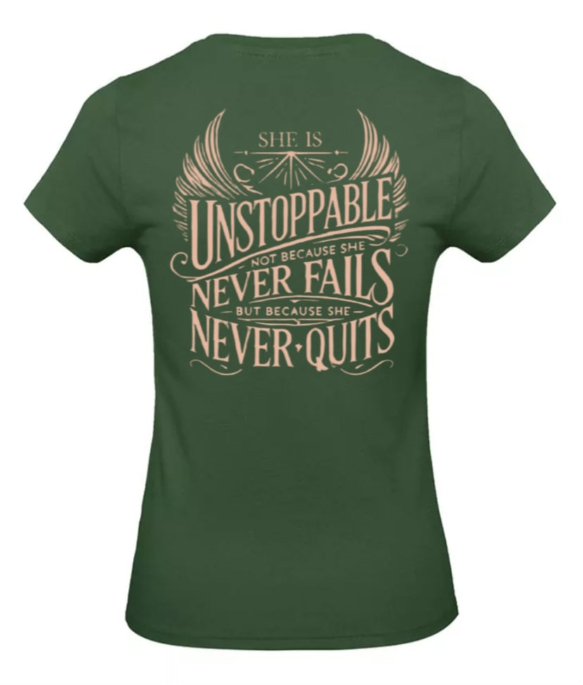 She Is Unstoppable Dames T-Shirt - Power Edition (Roségouden & Roze logo's)