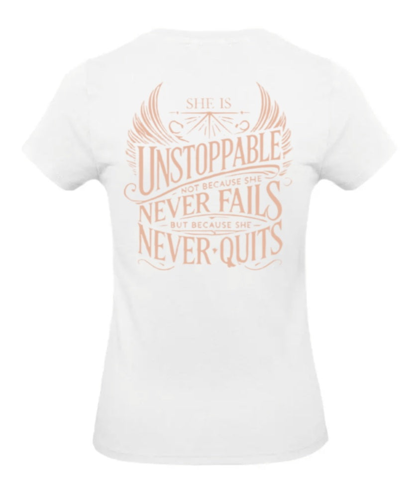 She Is Unstoppable Dames T-Shirt - Power Edition (Roségouden & Roze logo's)