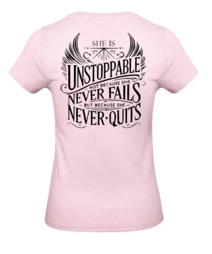 She Is Unstoppable Dames T-Shirt - Classic Edition (Witte & Zwarte logo's)