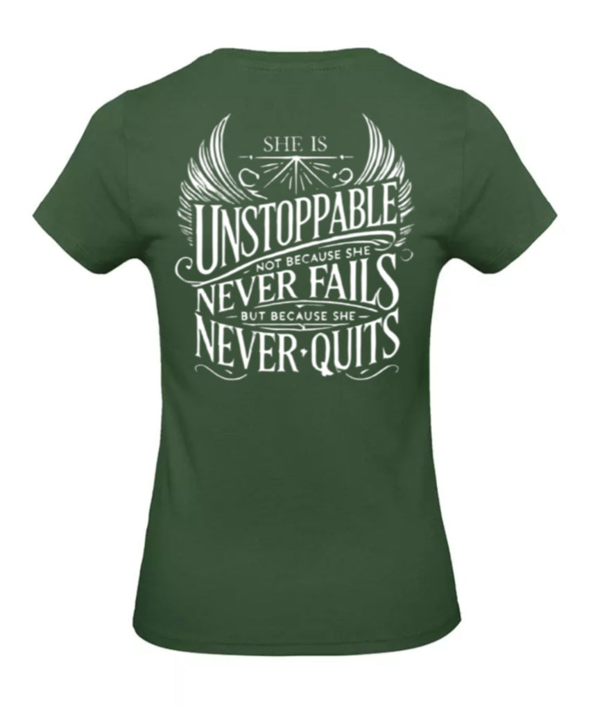 She Is Unstoppable Dames T-Shirt - Classic Edition (Witte & Zwarte logo's)