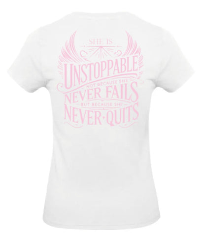 She Is Unstoppable Dames T-Shirt - Power Edition  (Roségouden & Roze logo's)